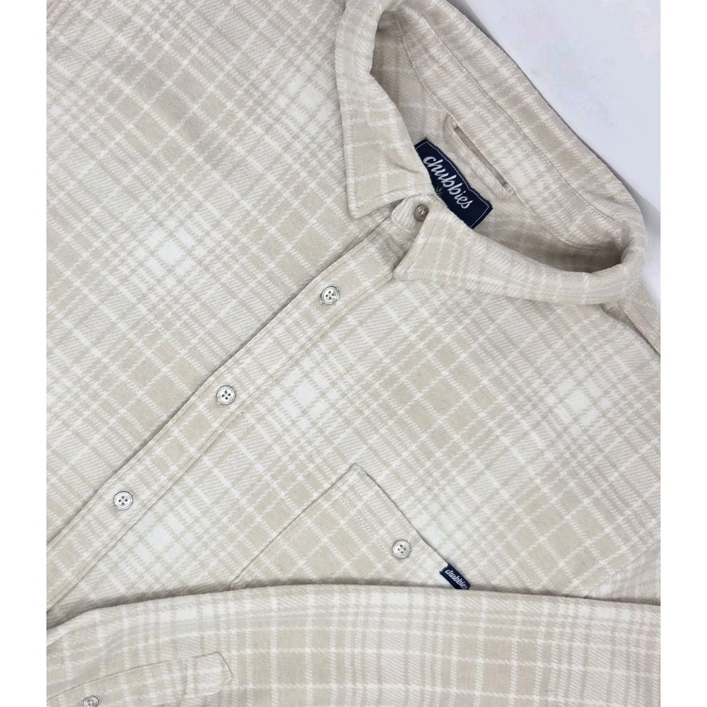 Chubbies Long Sleeve Button Up Fleece Shirt Mens XXL Beige Ivory Plaid Stretch